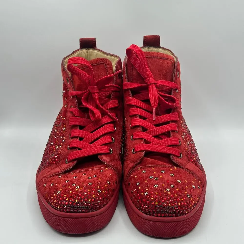 CHRISTIAN LOUBOUTIN Suede Galaxtitude High Top Sneakers Crystal Red Sz 42.5